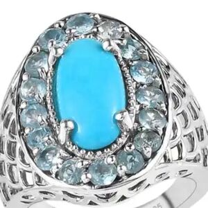 Sleeping Beauty Turquoise & Electric Blue Topaz  Ring Platinum over 925 Size 10
